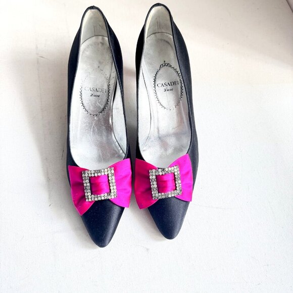 Casadei Luxe Vintage Satin Rhinestone Bow Black Pink Kitten Heels - Picture 2 of 12